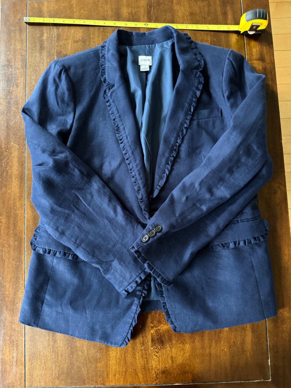 J.Crew Navy Linen Ruffle Trim Blazer Size 14 Coastal Preppy Career Jacket